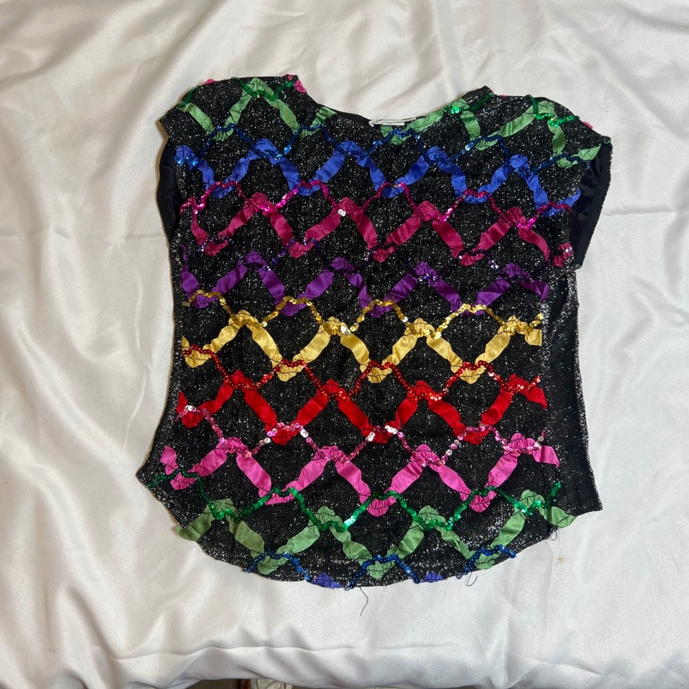 Vintage 80's Joanna Black Metallic Rainbow Ribbon Sequin Zigzag Top Womens Large